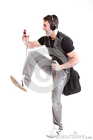 Full length portrait school boy phone isolated Stock Photo