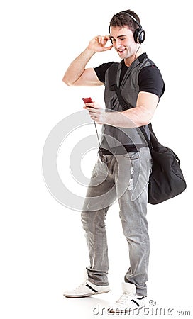 Full length portrait school boy phone isolated Stock Photo