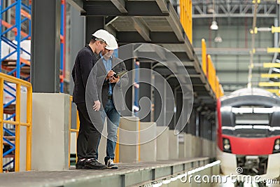 Full length portrait of two male supervisor using a digital tablet to discuss maintenance of the electric skytrain system. Stock Photo