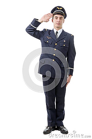 Full length portrait of young army officer saluting isolated on Stock Photo