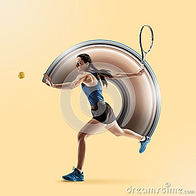 Full length portrait of young woman playing tennis isolated on yellow background Stock Photo