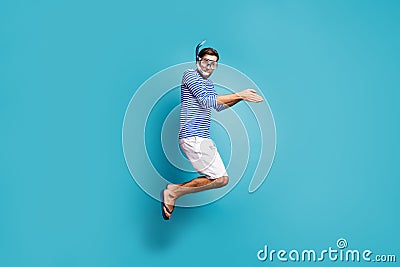 Full length profile photo of funky crazy guy tourist jump high swimming water mask tube diving wear striped sailor shirt Stock Photo