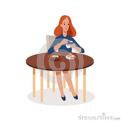 Full length profile shot of a woman drinking coffee at a table isolated on white background. Woman Visiting Cafe Making Vector Illustration