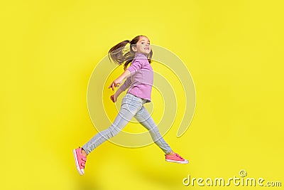 Full length profile side photo of school kid jump rush school discount market isolated bright vivid color background Stock Photo