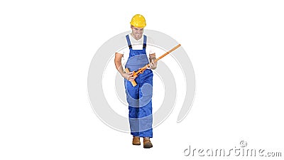 Cheerful man playing on the swob like it is a guitar on white background. Stock Photo