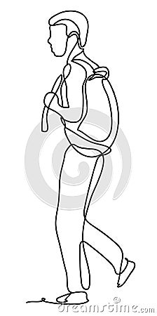 Full length side portrait of man walking with backpack. Isolated on white background. Continuous line drawing. Vector Vector Illustration