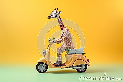 portrait of a cute giraffe riding a bike, created with Generative AI technology Stock Photo