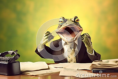 a cute panicking shocked frog manager, created with Generative AI technology Stock Photo