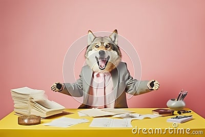 a cute panicking shocked wolf manager, created with Generative AI technology Stock Photo