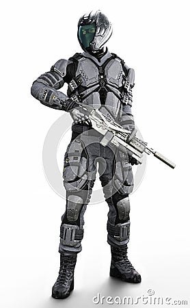 Full length vertical illustration of a masked futuristic armored soldier on an isolated white background. Cartoon Illustration