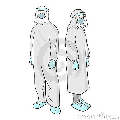 Full length view male and female doctors in protective hazmat PPE suit wearing medical latex gloves vector illustration sketch Vector Illustration