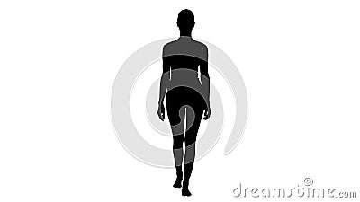 Silhouette Walking Barefoot Girl In White Shorts And White Shirt. Stock Photo