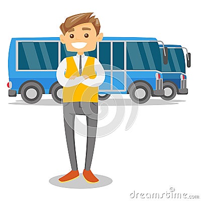 Full length of young caucasian white bus driver. Vector Illustration