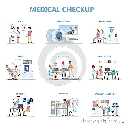 Full medical checkup set with patient and doctors Vector Illustration