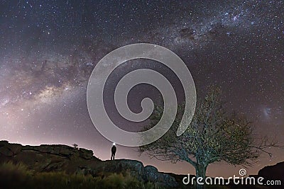 Full milky way night sky with model in Patagonia Stock Photo