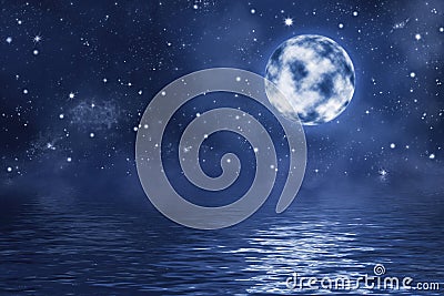 Full moon with bright shining stars and nebula over water with waves Cartoon Illustration