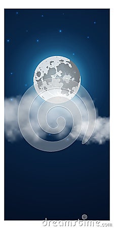 Full moon and clou in night sky. Realistic vertical background Vector Illustration