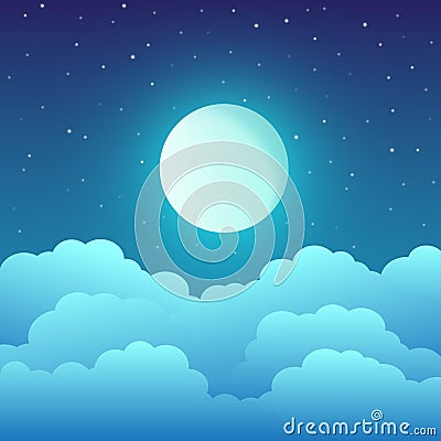 Full moon with clouds and stars in the night sky Vector Illustration