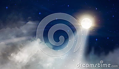 Full moon like a lighthouse night sky with big fluffy clouds Vector Illustration