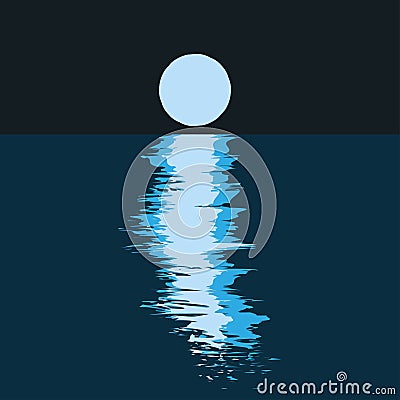 Full moon and moonlight on water waves in dark night, simple modern flat illustration. Blue full moon and light on waves, marine Vector Illustration