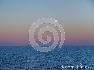 Full moon night in Baltic Sea summer midnight sun, pastel color, cruise, twilight, no darkness, seascape, nature wallpaper, Stock Photo