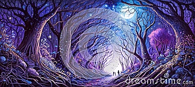 Full moon in the night forest. Fantasy landscape. Horizontal painting in purple tones Stock Photo