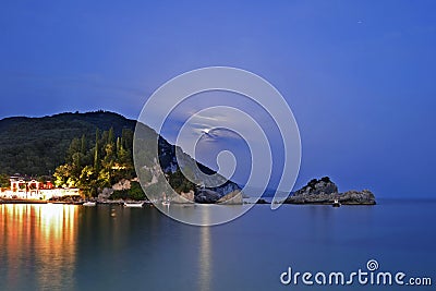 Full moon night in Parga. Stock Photo