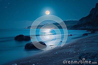 Full moon night, sea landscape, bright and serene coastal panorama Stock Photo