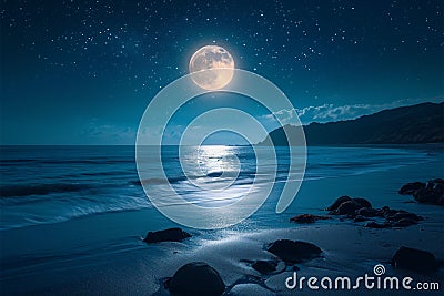 Full moon night, sea landscape, bright and serene coastal panorama Stock Photo