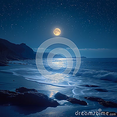 Full moon night, sea landscape, bright and serene coastal panorama Stock Photo