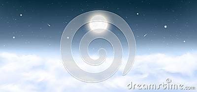 Full Moon on the night sky background with shining stars, comets, shooting stars, realistic fluffy clouds. Vector Illustration