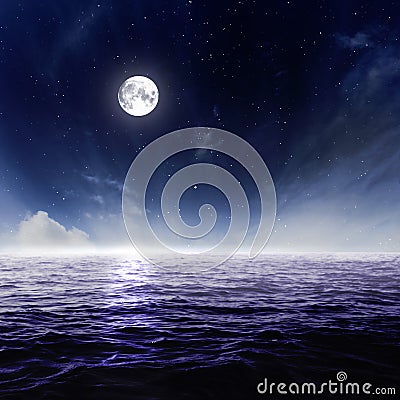 Full moon in night sky over moonlit water Stock Photo