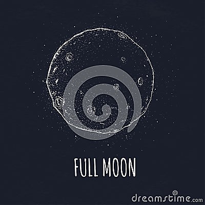 Full moon in outer space with lunar craters. Logo hand drawn vector illustration on black background. Vector Illustration