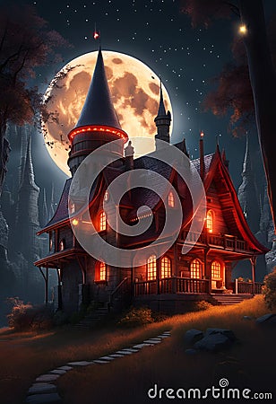 Full moon over cozy cottage in the countryside. Amazing digital illustration. CG Artwork Background Cartoon Illustration