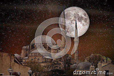 Full moon over the Fatih Mosque Stock Photo