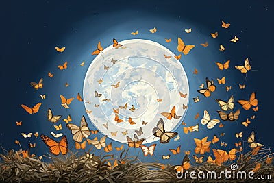 full moon providing illumination to a swarm of butterflies Stock Photo