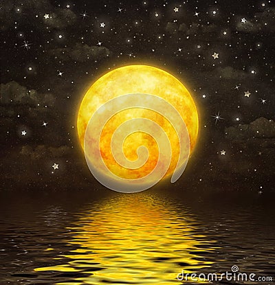 The full moon is reflected in wavy water Cartoon Illustration