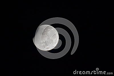 Full moon rising above horizon. Distant tree line along slope of the bill is seen. Bright white moon with dark background Stock Photo