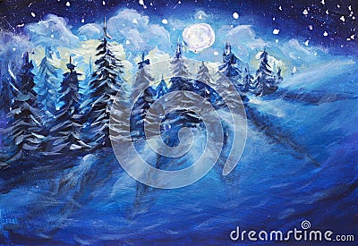 Full moon rising above the winter forest covered with fresh snow. Fantastic bright milky way original oil painting. Impressionism. Cartoon Illustration