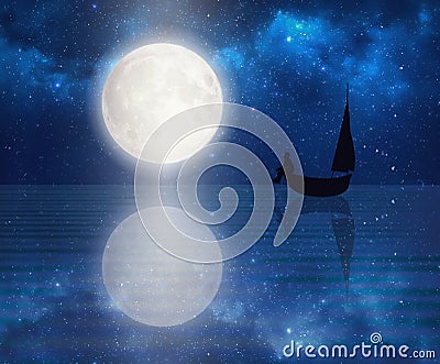 Full moon rising out of the sea, night landscape Vector Illustration