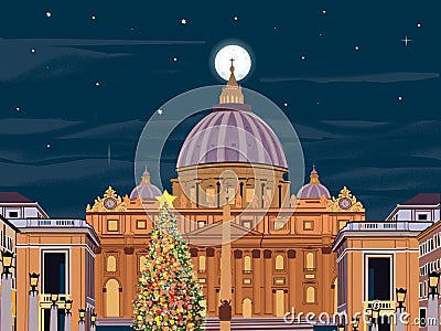 Full moon christmas at saint peter basilica Vatican illustration Cartoon Illustration