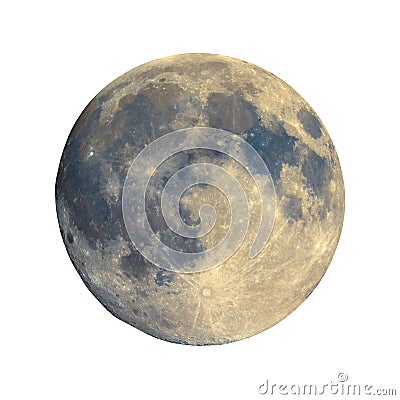 Full moon seen with telescope, enhanced colours, isolated Stock Photo