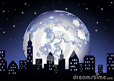 The full moon shines on the night city. Vector Illustration