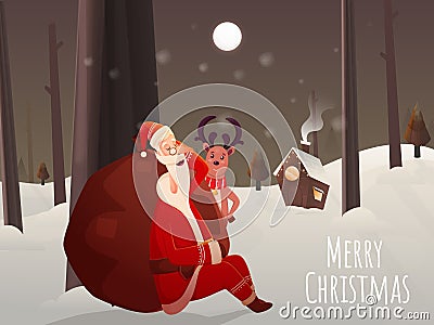 Full Moon Snowy Background with Chimney House, Sleeping Santa Claus, Heavy Sack and Cartoon Reindeer for Merry Christmas Stock Photo