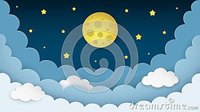 Full moon, stars, clouds on the dark midnight sky background. Night sky scenery background. Paper art style. Vector Illustration