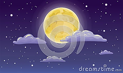 full moon, stars, and clouds on the dark midnight sky. Night sky scenery background. Cartoon full moon on dark starry night sky Cartoon Illustration