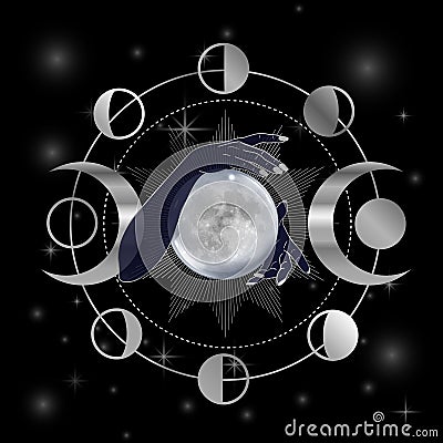 Full moon with triple goddess symbol in hands of woman Stock Photo