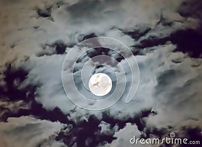 Beautiful full moon and white cloudy sky background in the midnight sky background, moonlight on Halloween night without stars. Stock Photo