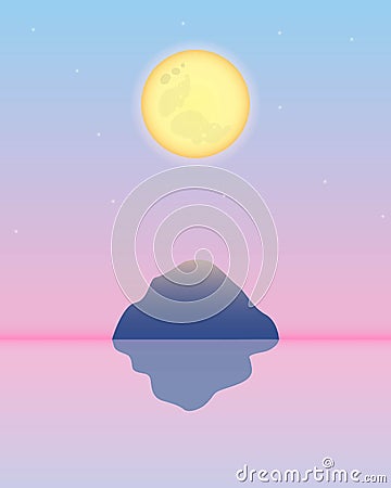 Full Moon yellow on pink sky with mountain and his reflection in water . Vector Illustration