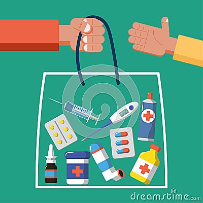 Package of medicines and vitamins. Purchase and delivery concept. flat vector illustration Vector Illustration